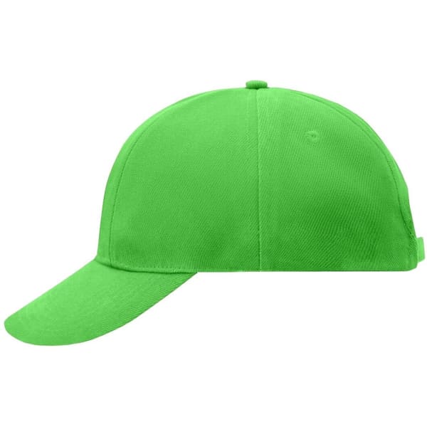 A bright green six-panel cap with a curved visor and a back strap for adjustment. Features a logo.