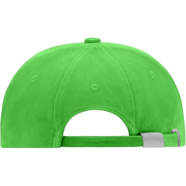 A bright green six-panel cap featuring an adjustable strap and a logo on the back.
