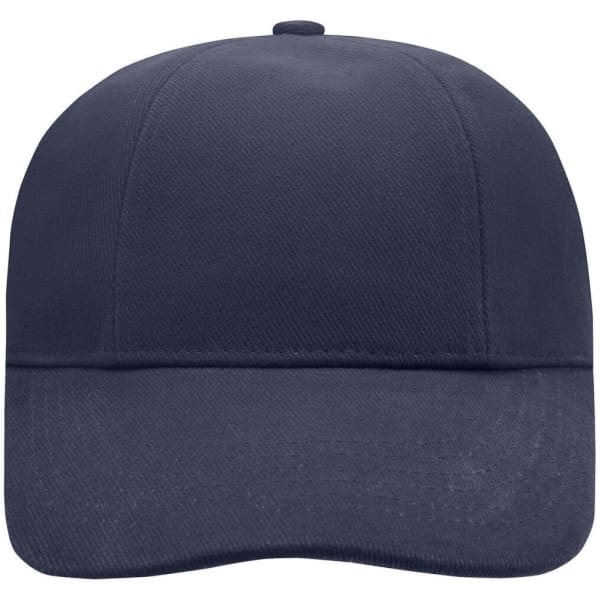 A navy six-panel cap with a structured crown and a curved brim. It features a branding logo.