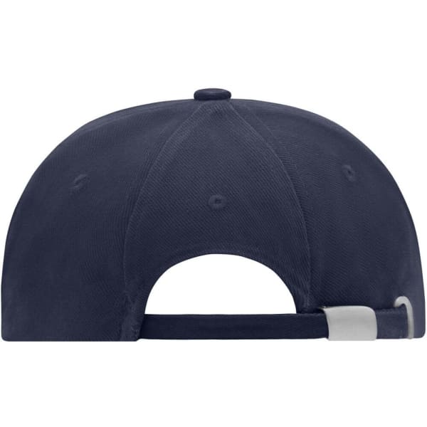 A navy blue six-panel cap with a rear adjustment strap and a logo on the back.