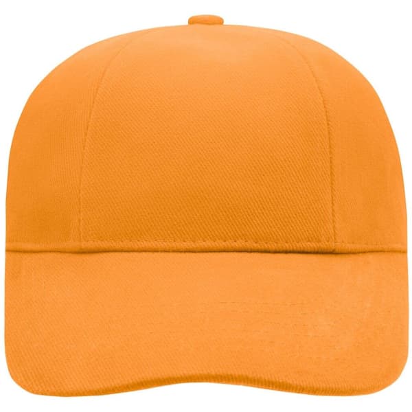 An orange six-panel cap with a solid design and an unembellished front. It features a logo on the side.