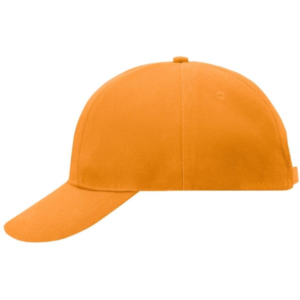 An orange six-panel cap with a curved brim and a logo on the side.