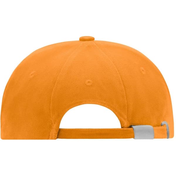 An orange six-panel cap with a curved peak and an adjustable strap at the back. It features a logo on the side.