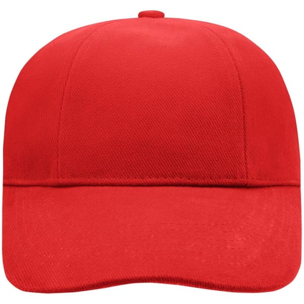A red six-panel cap with a structured design and a curved brim. It features a logo on the front.