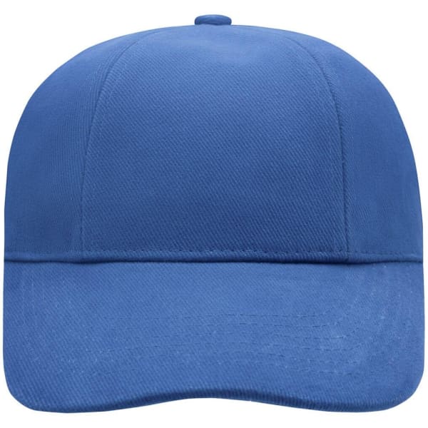A blue six-panel cap featuring a structured design and a logo at the front.