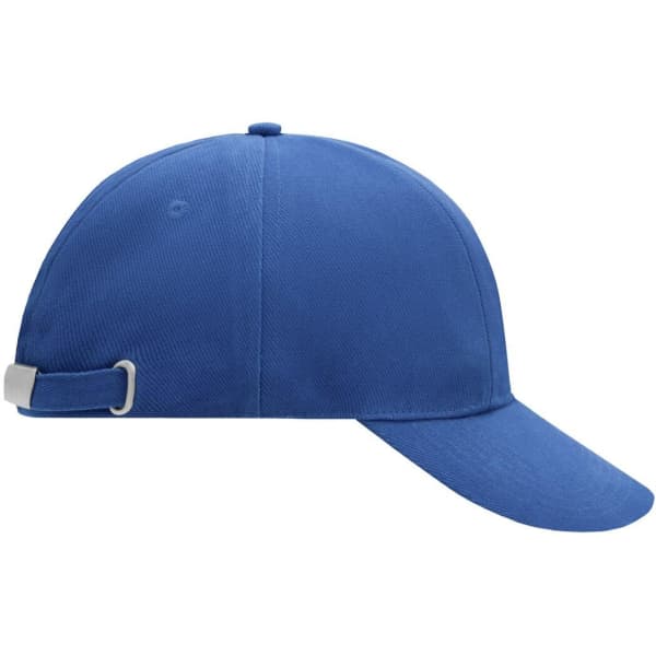 A blue six-panel cap featuring an adjustable strap and a logo on the side.