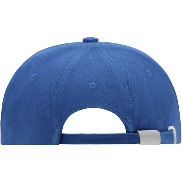 A blue turned 6 panel cap with a curved visor and an adjustable strap at the back featuring a logo.