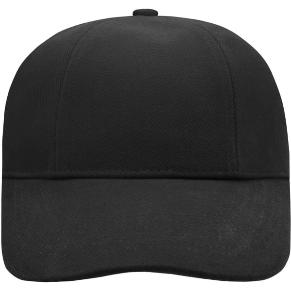 A black six-panel cap featuring a curved brim and a logo on the front.