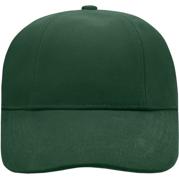 A green 6 panel cap with a curved brim, featuring a logo on the front.