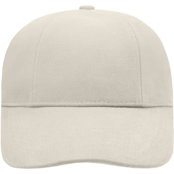 A beige turned 6 panel cap with a curved brim and a logo on the front.