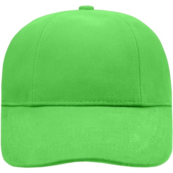 A bright green six-panel cap featuring a structured design and a logo on the front.