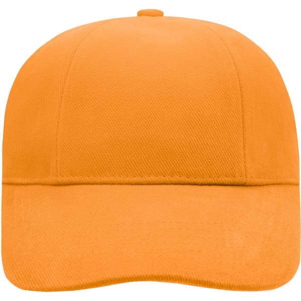 An orange six-panel cap with a solid front and curved brim. It features a logo on the side.