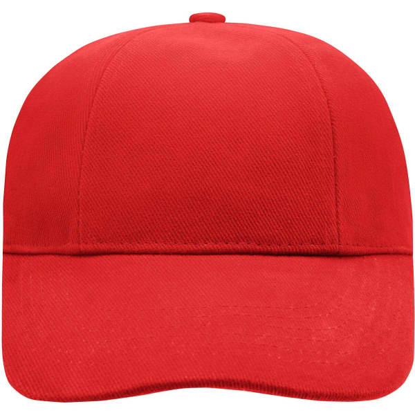 A red six-panel cap with a solid design and an unadorned front panel, featuring a logo on the side.