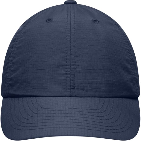 A navy blue 6 Panel Coolmax® Cap with stitching details and ventilation holes, featuring a logo on the front.