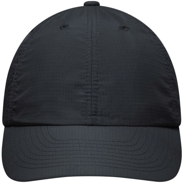 A black 6 Panel Coolmax® cap with a rounded crown and a curved brim, featuring a logo.