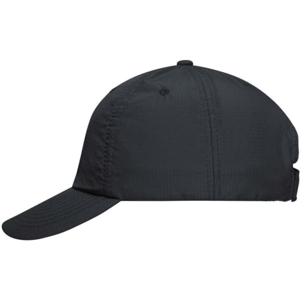 A black 6 Panel Coolmax® cap with a structured design and a branding logo on the side.