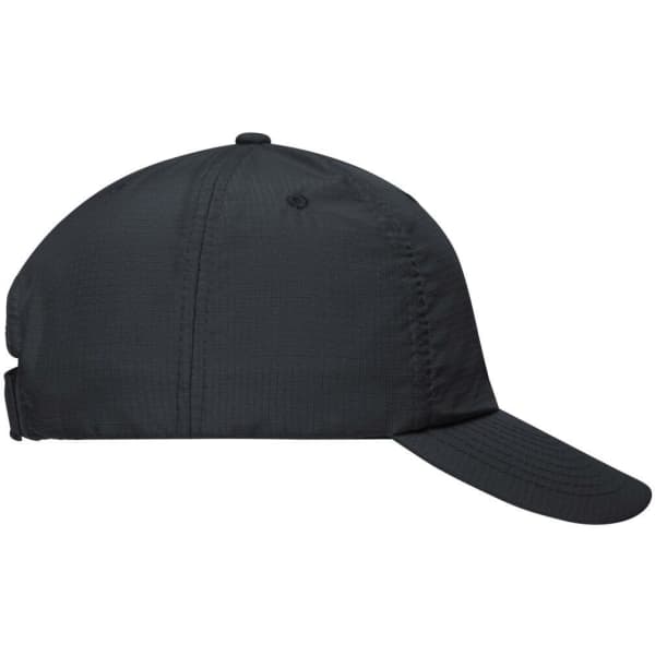 A black 6 Panel Coolmax® cap featuring a curved brim and an adjustable back strap. It has a logo on the side.
