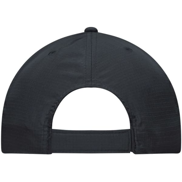 A black 6 Panel Coolmax® Cap featuring a curved visor and an adjustable strap at the back, with a logo.