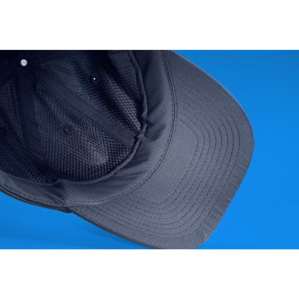 A black six-panel Coolmax® cap featuring a breathable mesh lining. It has a curved brim and an inner sweatband.