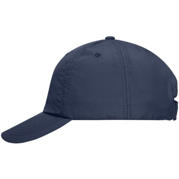 A navy blue 6 Panel Coolmax® cap with a curved brim and an adjustable strap at the back, featuring a logo.