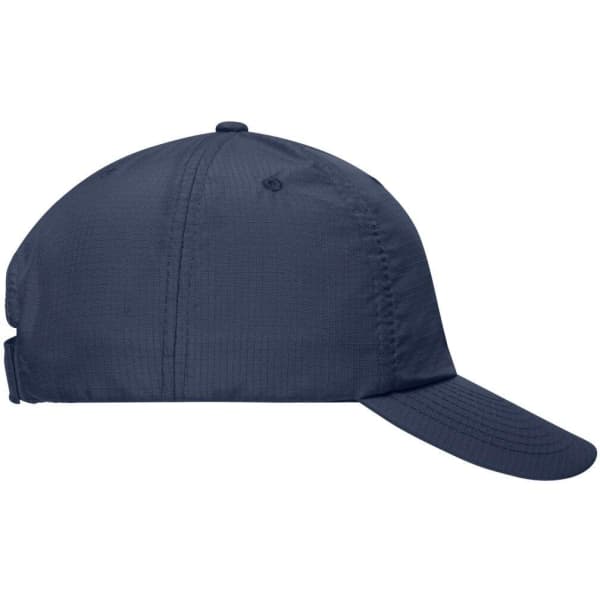 A navy 6-panel Coolmax® cap featuring a curved brim and a logo on the side.