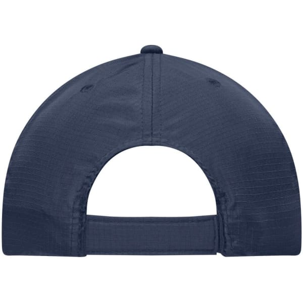 A navy blue 6 Panel Coolmax® cap featuring a rear adjustable strap and a logo on the back.