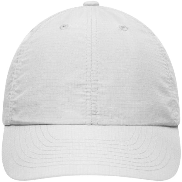 A white 6 Panel Coolmax® cap with a logo on the front and ventilation eyelets.