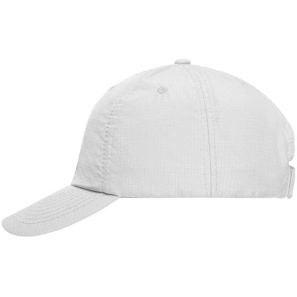 A white six-panel Coolmax® cap with a curved brim and a logo on the side.
