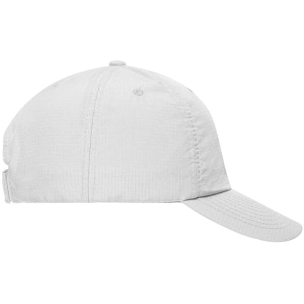 A white 6-panel cap made from Coolmax® material, featuring a curved brim and a logo.