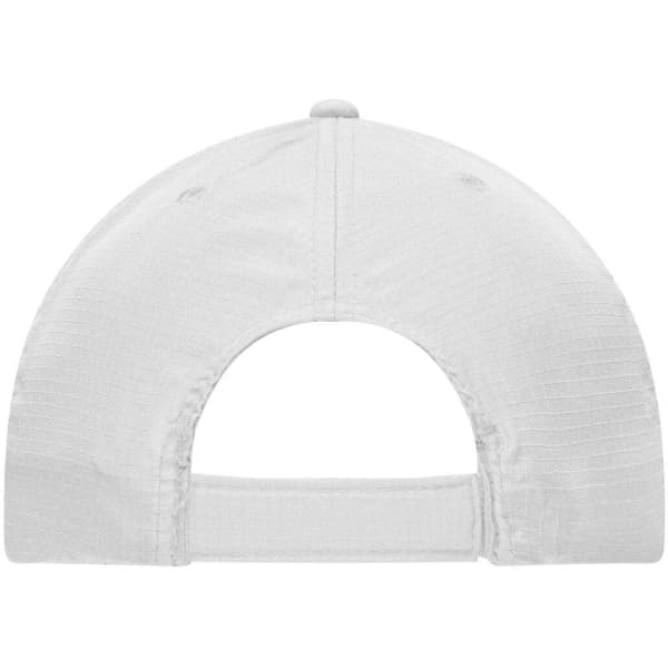 A white Coolmax® cap featuring a six-panel design and an adjustable strap at the back. It has a logo on the side.