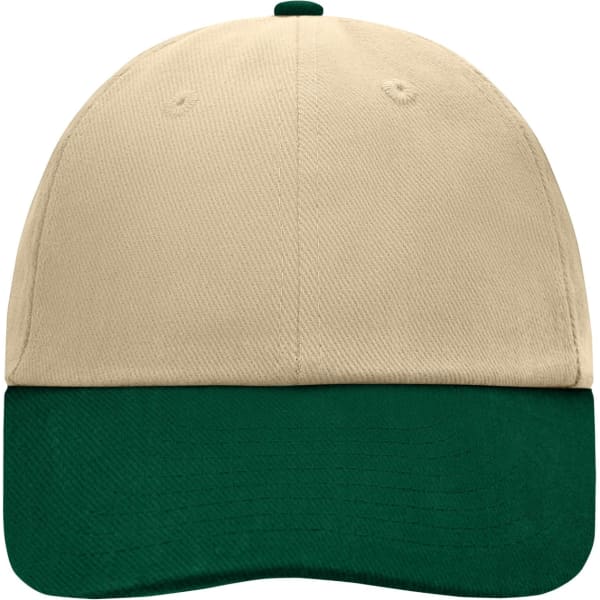 A 6 panel cap in beige with a green brim, featuring an integrated logo.
