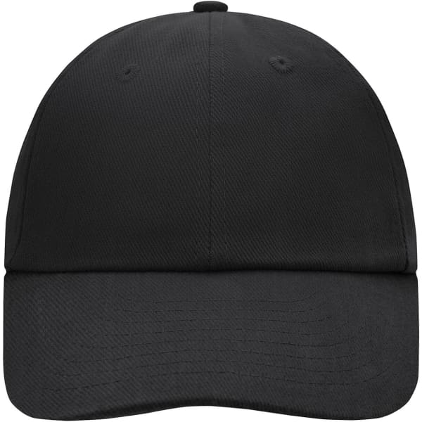 A black 6-panel raver cap with a structured design and a logo on the front.
