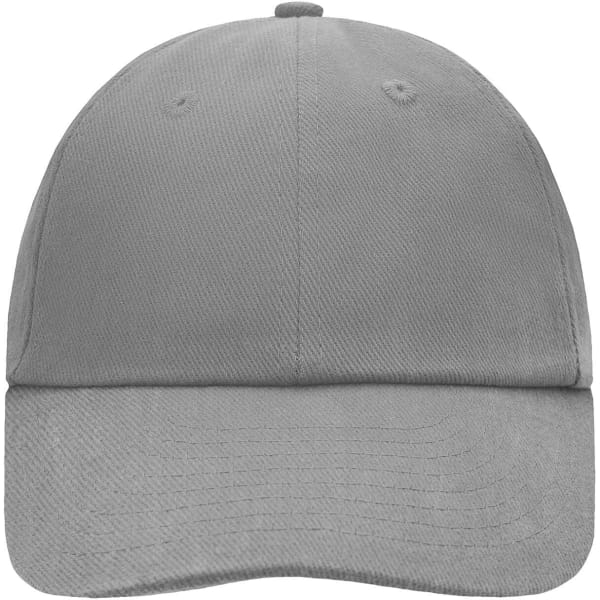 A grey six-panel cap with a curved brim and a logo on the front.