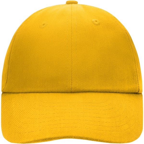 A bright yellow 6-panel cap with a curved brim and two ventilation holes on the top. It features a logo on the front.