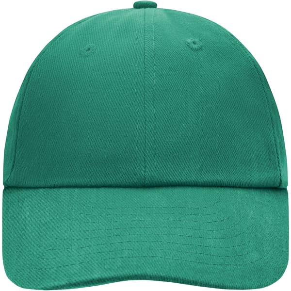 A green 6 panel cap featuring a curved brim and a logo on the front.