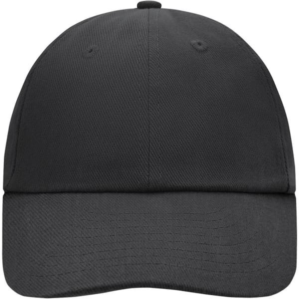 A black 6-panel cap featuring a curved brim and a plain design, complete with a logo.