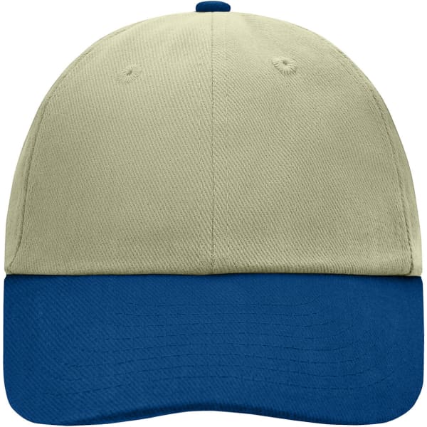 A 6 panel cap featuring a cream-coloured top and a blue peak, with an unobtrusive logo on the front.