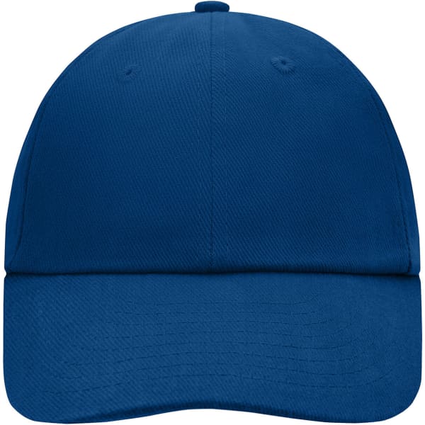A blue 6 panel raver cap with a curved brim and a logo. The cap features ventilation holes on the sides.