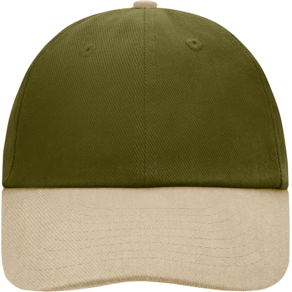 A 6 Panel Raver Cap in olive green with a beige brim and an unembellished front.