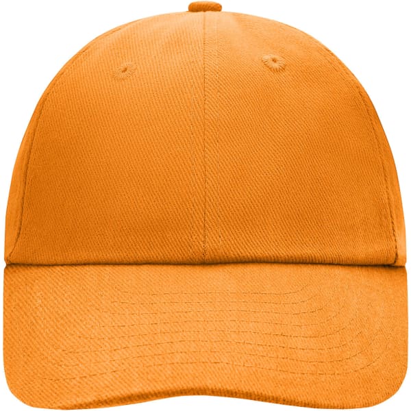 An orange 6-panel raver cap with a curved peak and ventilation holes. It features a logo on the side.