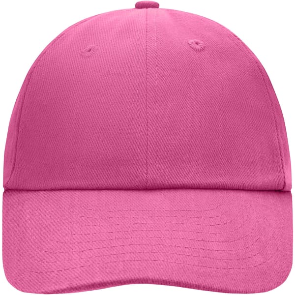 A pink 6 panel cap featuring a curved brim and an adjustable strap. It includes a logo on the front.