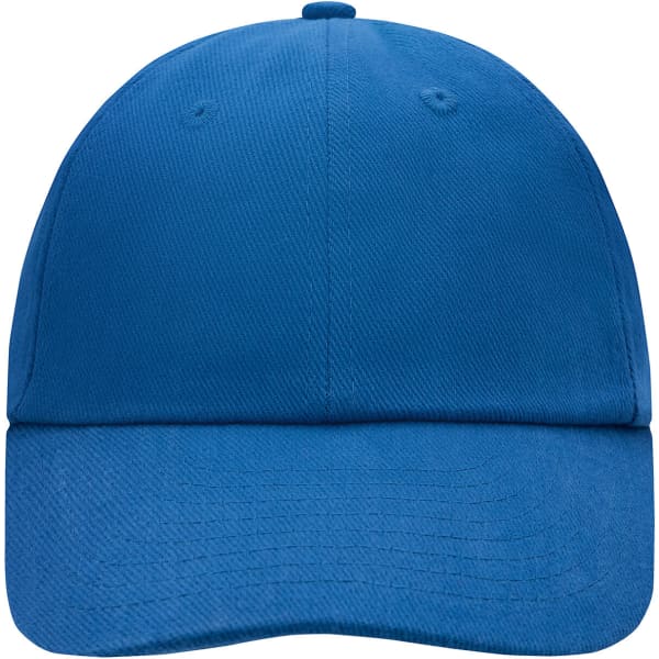 A blue 6 panel raver cap featuring a curved brim and a logo on the front.