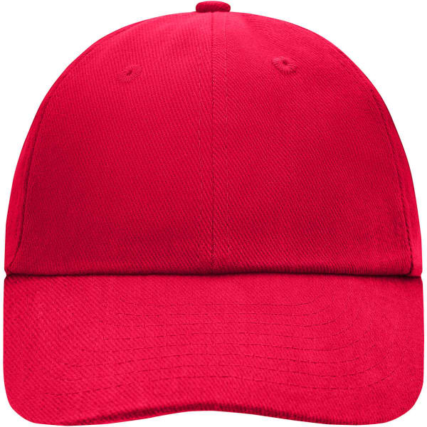 A red 6-panel cap with a curved brim and a logo on the front.