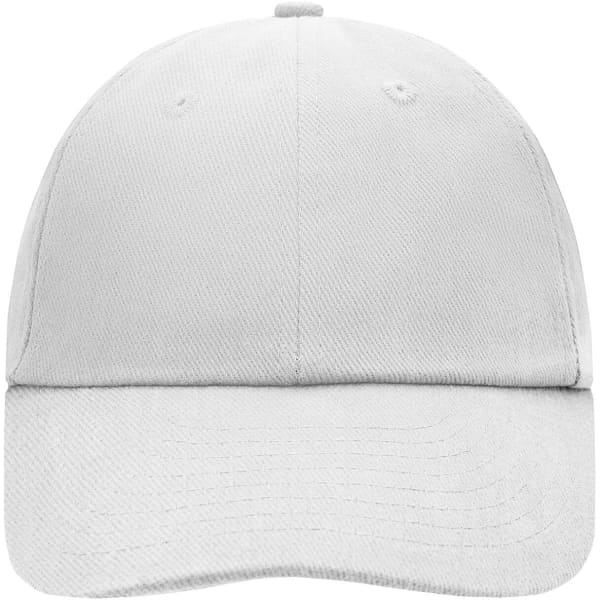 A white six-panel cap featuring a curved brim and an adjustable strap. Includes a logo on the side.
