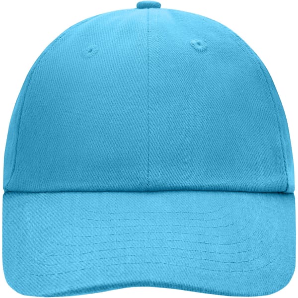 A bright blue 6-panel cap featuring a rounded crown and a curved brim, with a logo on the front.