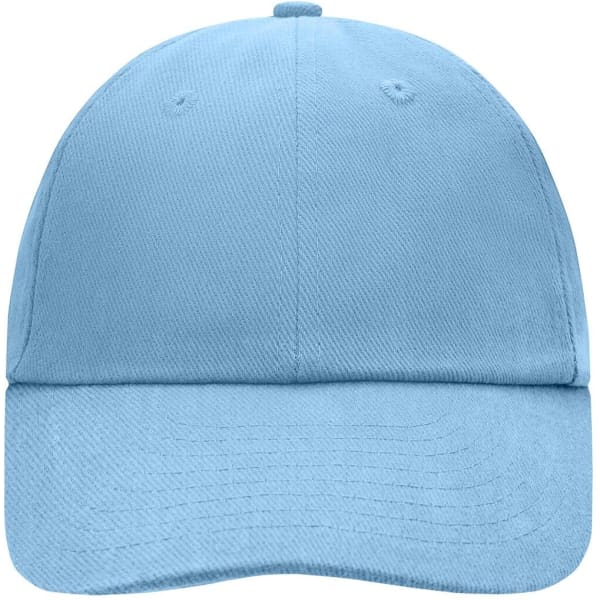 A light blue 6-panel raver cap featuring a structured design and a logo on the front.