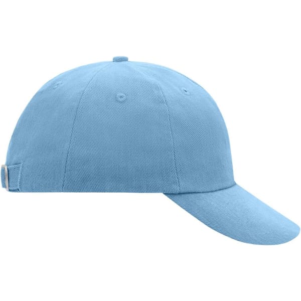 A light blue 6 panel cap with a curved brim and a logo on the side. Suitable for casual wear.