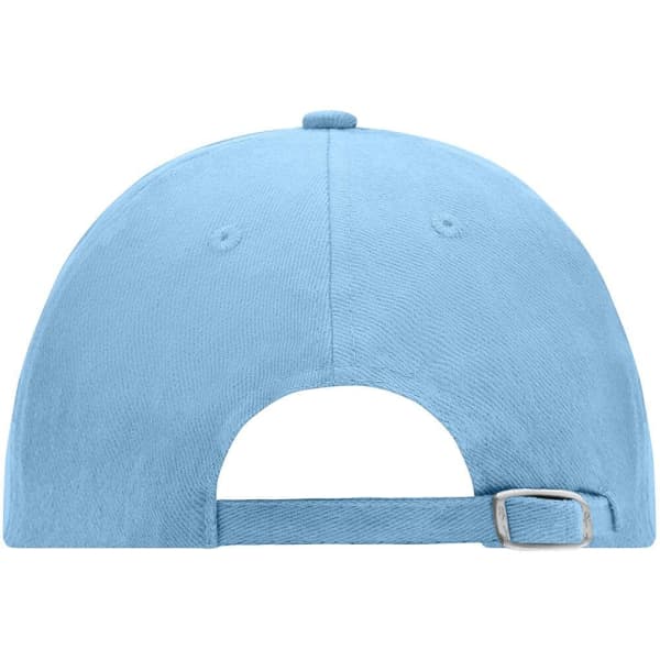 A blue 6 panel raver cap with an open back and an adjustable strap. The cap features a logo on the side.
