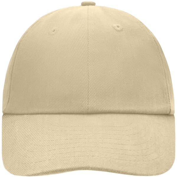 A beige 6 Panel Raver Cap with a curved brim and an adjustable strap, featuring a logo on the front.