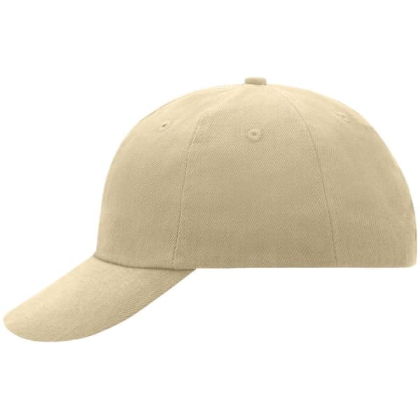 A beige 6 panel cap with a rounded crown and a curved brim. It features ventilation holes and a logo.